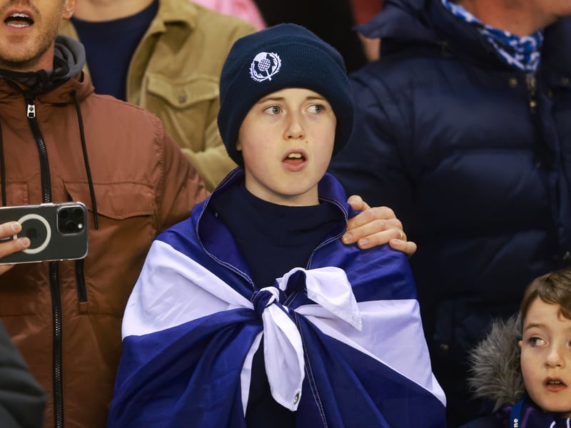 This lad belts out Flower of Scotland before kick-off.