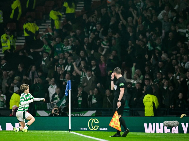 Celtic's Kyogo Furuhashi celebrates scoring to make it 2-0.