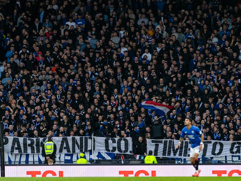 Rangers fans hold up a banner which reads 'Park and Co. Time to go' during the Premier Sports Cup semi-final.