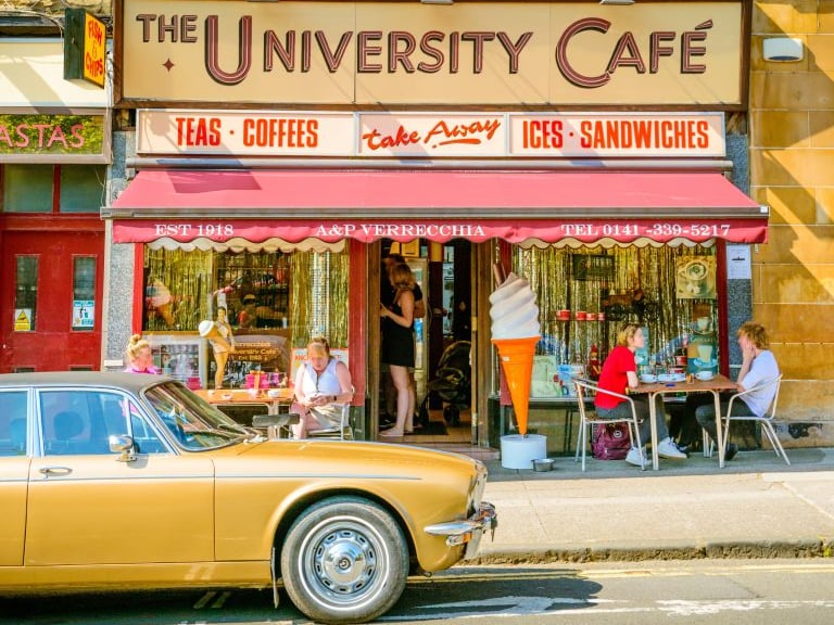 A Byres Road institution, The University Cafe first opened in September 1918. Pasquale Verrechia's family still run this iconic Glasgow restaurant, once featured on Anthony Bourdain's Parts Unknown, where they serve up chips and ice cream to this day.