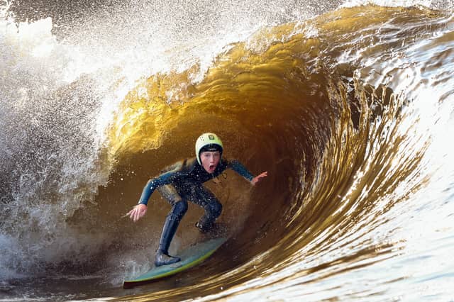 Surfer Kai Cruickshank tests out the Lost Shore Surf Resort. The inland wave pool located on the outskirts of Edinburgh is set in a 60-acre country park, and will generate up to 1,000 waves per hour. Picture: Jeff J Mitchell/Getty Images