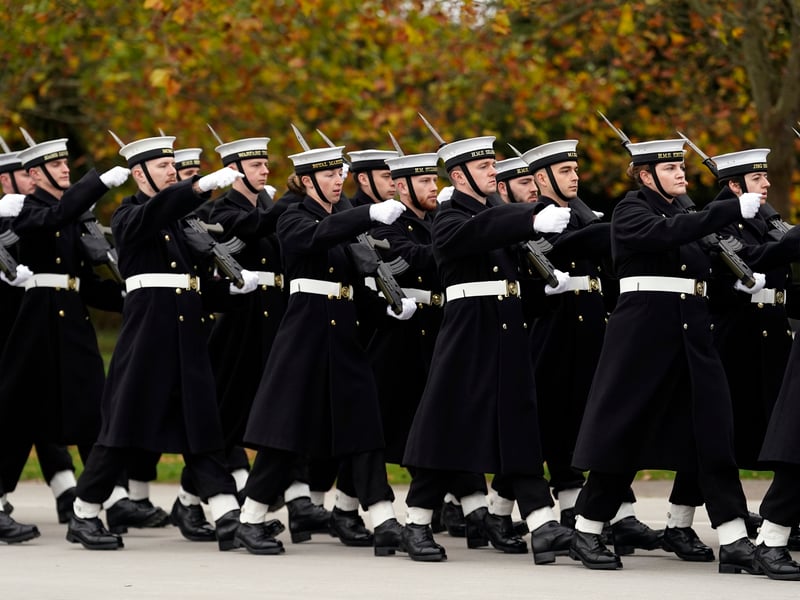 Some of the 104 Royal Navy personnel who will form the processional group at the National Service of Remembrance, annual parade and service held at the Cenotaph on Sunday in London, during final preparations at HMS Excellent on Whale Island in Portsmouth, Hampshire. Picture date: Tuesday November 5, 2024.