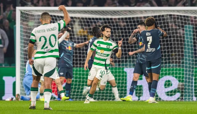 Celtic's Nicolas Kuhn celebrates after scoring to make it 1-1 against RB Leipzig. Cr: SNS Group.