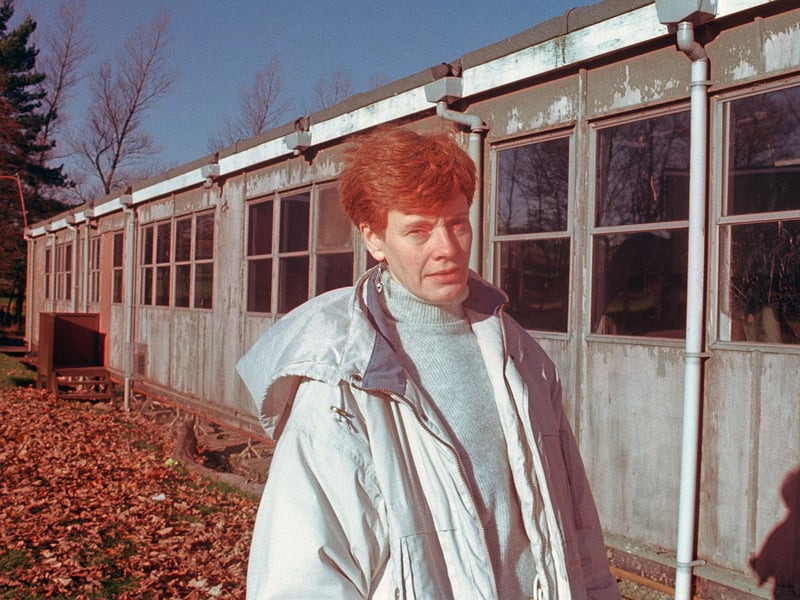 Bradfield School headteacher Margaret Booth pictured outside one of the mobile classrooms in 1999, amid fears it would have to be evacuated as the weather got worse during the winter