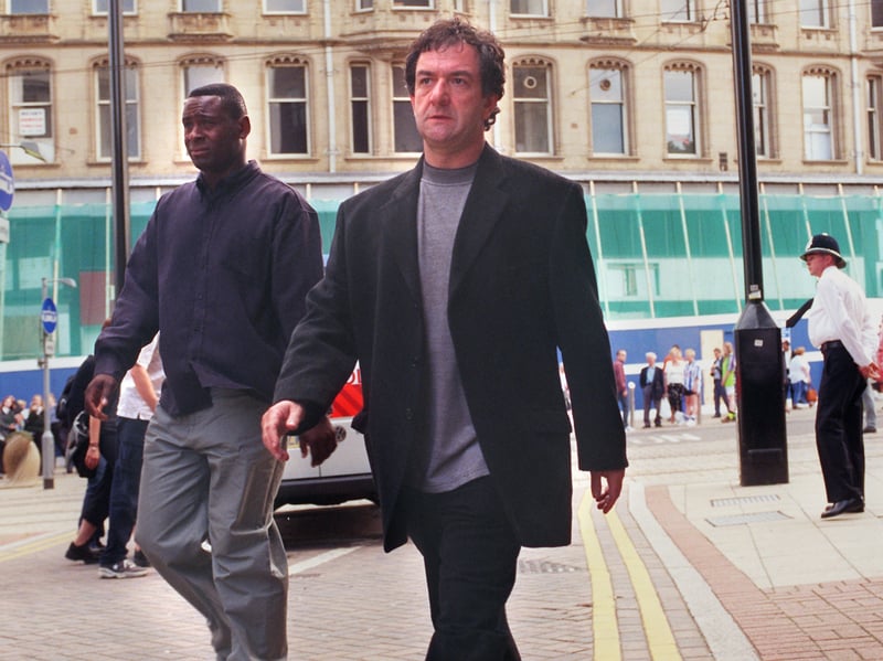 Actors David Harewood and Ken Stott pictured outside the fictional police station, the Lloyds TSB, on High Street, Sheffield, during filming for The Vice in 1999
