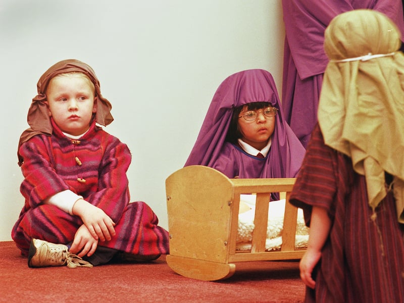 Manor Lodge nurture unit pupils are seen staging their last nativity in 1999 before the unit closes down. The nativity was held at the Salvation Army Hall, on Duke Street, Sheffield. Pictured are Zachary O'Brian, four, as Joseph, and five-year-old Shabina Hussain, as Mary