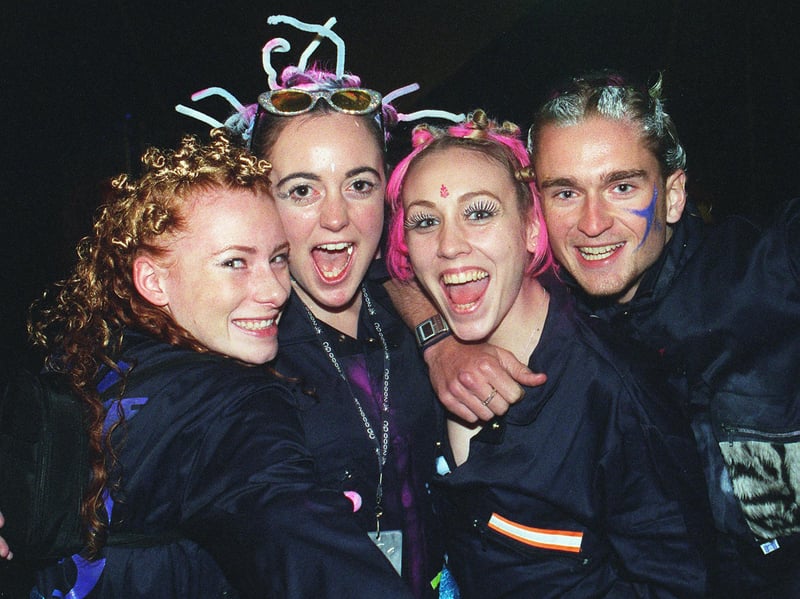 Millennium revellers at the Don Valley stadium for the Gatecrasher event in 1999. Pictured from left to right are Carly Ball, 20, Roz De-aragues, 21, Adele Williams, 20 and Dave Twomey, 20.