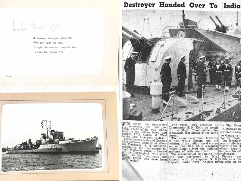 A postcard and newspaper article found on HMS Chiddingfold. A time capsule containing various items and keepsakes was discovered aboard the Royal Navy minehunter HMS Chiddingfold.