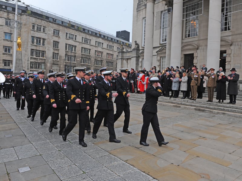 The parade takes the salute at Leeds Civic Hall