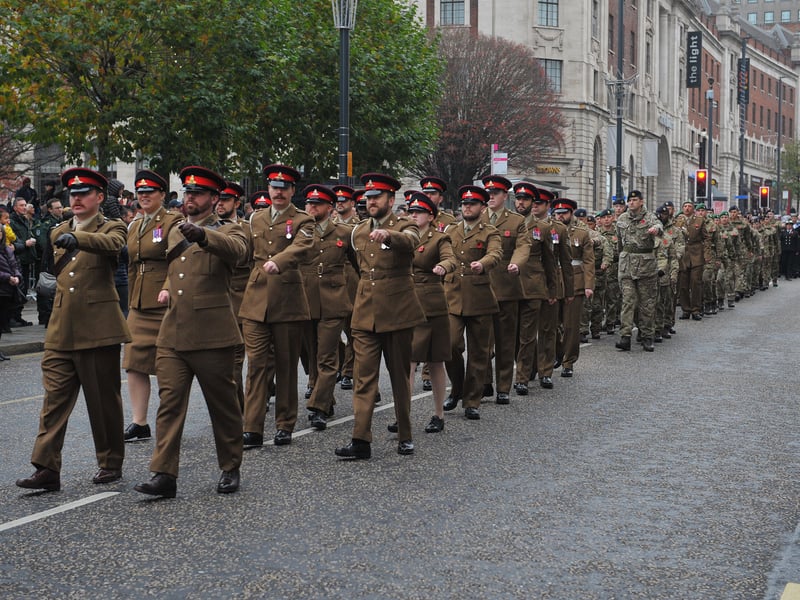 The parade makes its way to The War Memorial, The Headrow, Leeds