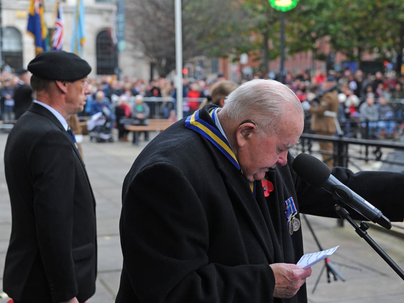 Hon Alderman Bill Hyde President of the Leeds Group, Royal British Legion reads the Kohima Epitaph