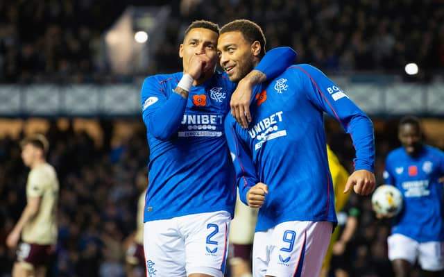 James Tavernier and Cyriel Dessers celebrate the game's opening goal at Ibrox. Cr: SNS Group.