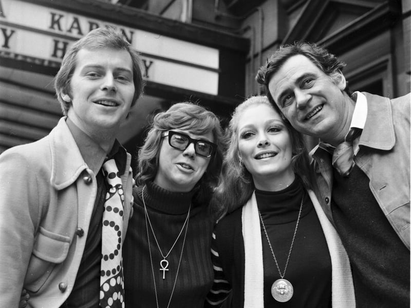 The cast of 'Not Now Darling' outside the Kings theatre in Edinburgh in February 1974. From left: Ian Lavender, Anna Karen, Jenny Hanley and George Baker.