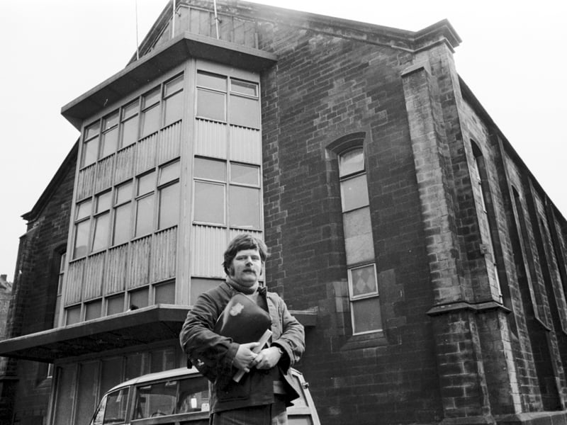Kenny Ireland outside the new premises of the Young Lyceum theatre company in April 1975.