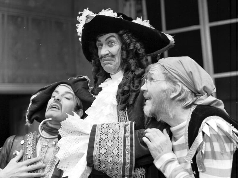 John Gower as Captain Hook, with Mr Smee and another pirate in the Kings theatre production of Peter Pan in February 1975.