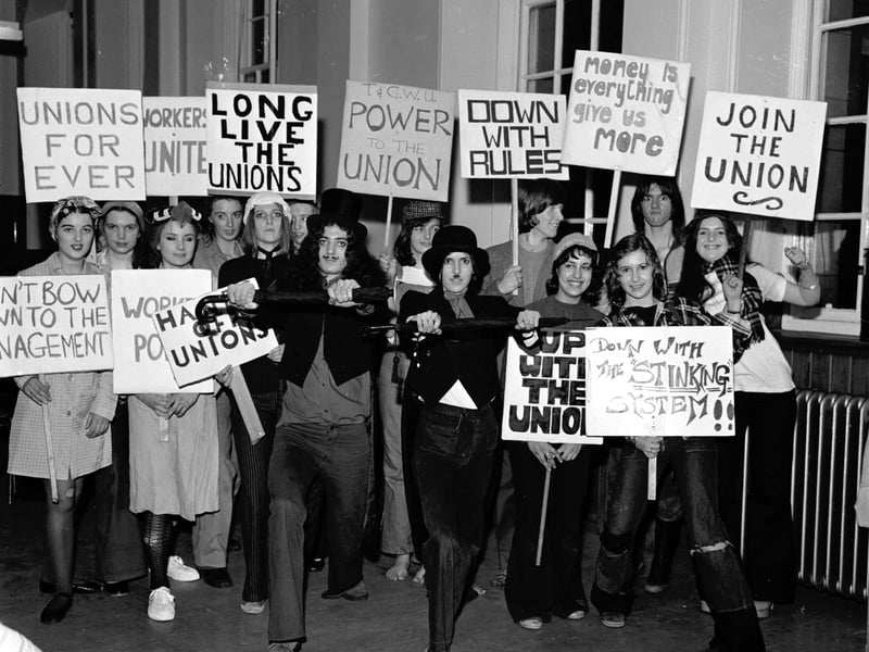 3rd and 4th year Boroughmuir pupils taking part in the Extravaganza production in March 1973. The group included Jane Ireland, Fiona Kelty, Nadia Affara, Anne Gilmartin.