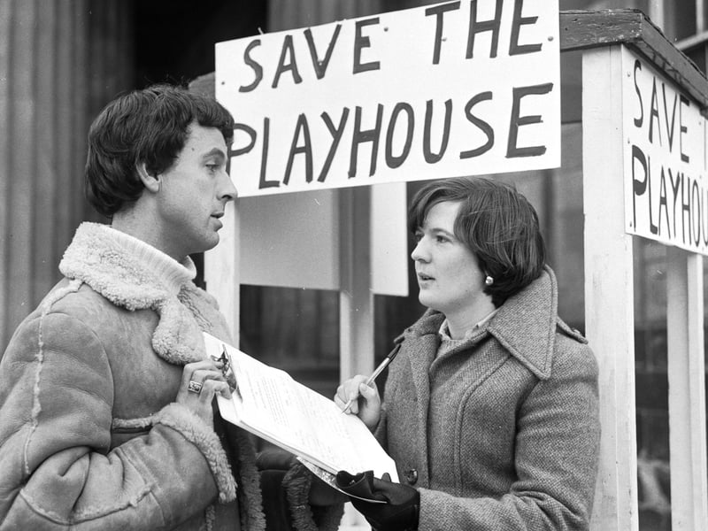 'Save the Playhouse': the Edinburgh Playhouse Society collecting signatures on a petition to Lothian Regional Council to take over the Playhouse theatre and re-open it in November 1975.