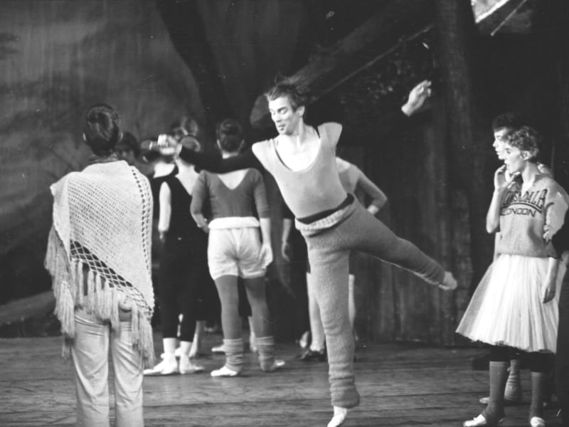 Rudolf Nureyev warming up at the Royal Ballet rehearsal of Giselle at the Kings Theatre during the Edinburgh Festival 1975.