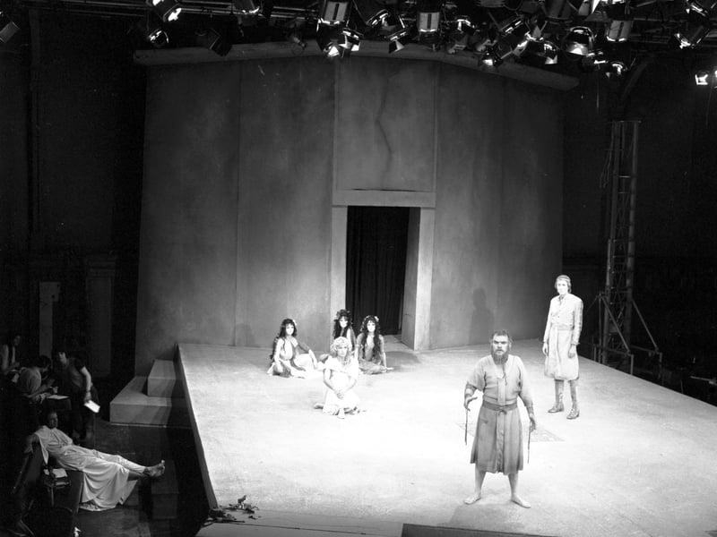 Windsor Davies as The Messenger at the front of the stage and Robin Ellis (right) rehearsing The Bacchae at the Assembly Hall during the Edinburgh Festival 1974.