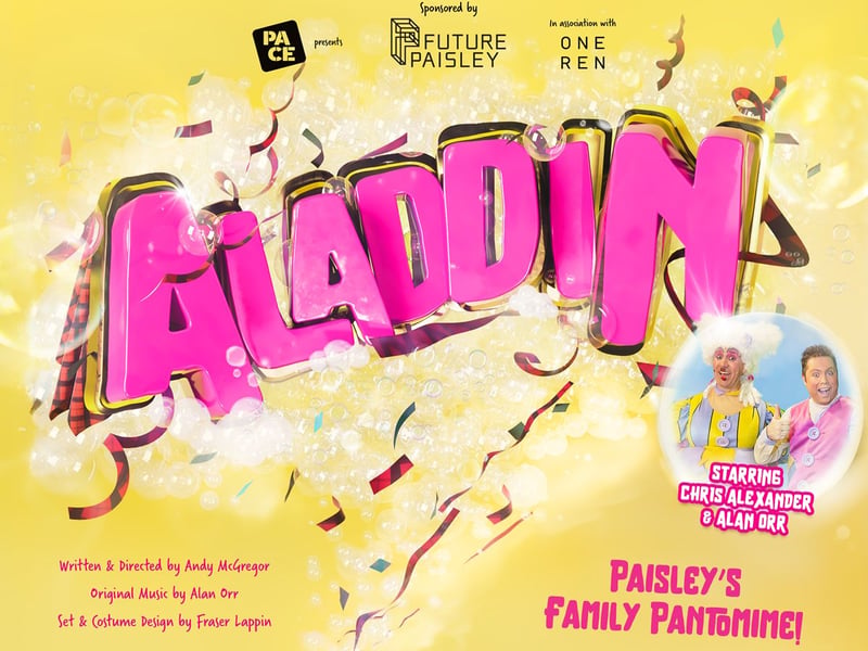 A seasonal treat for adults and children alike, Aladdin will run from Wednesday 27 November 24 – Sunday 5 January 25 in the newly refurbished Paisley Arts Centre. PACE Theatre Company has produced Paisley’s acclaimed pantomime at Paisley Arts Centre since 1988 and are thrilled to be back performing in the venue.