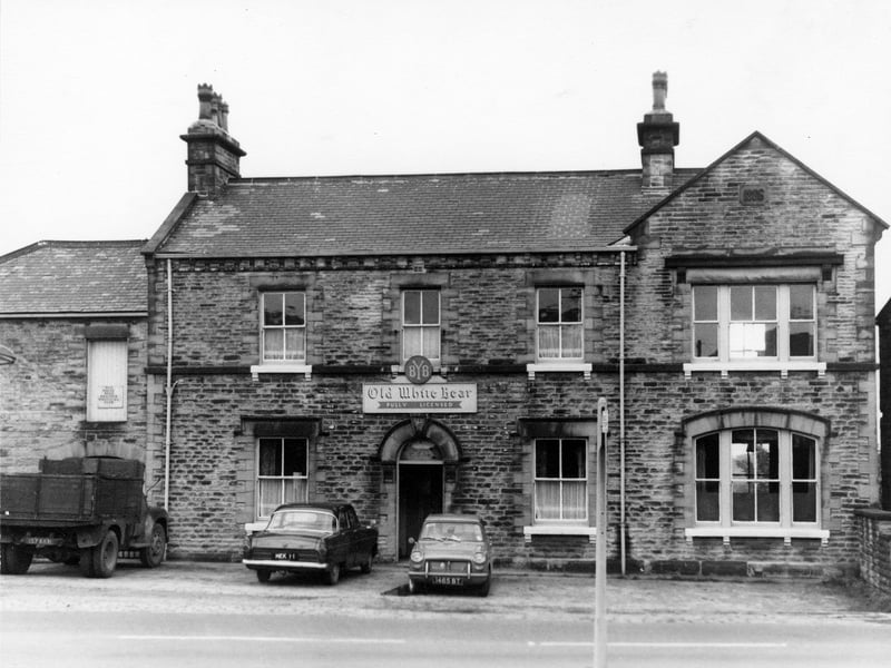 The Old White Bear Inn on Thorpe Lane at the junction with Bradford Road. This was demolished to make way for the reorganisation of the road system between 1967-71 which included the M62 and access roads from existing routes. The Old White Bear had been noted locally for its weightlifting and wrestling club. Pictured in April 1967.