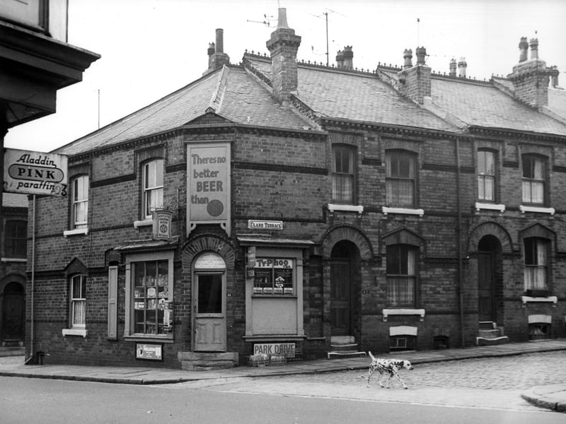 Off-licence shop on the corner of Cambridge Road and Claro Terrace. The shop was licensed to Anthony Edwards, enabling him to sell beer to be drunk off the shop premises. Bentleys Beer was sold, the advertising slogan was 'There's no better beer than BYB'. On the left is the end of Claro Grove, Claro Terrace is on the right