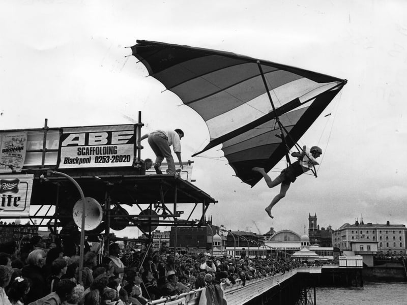 Take part in North Pier Birdman Competition in 1987.
The first hang-glider entry drops like a stone and is quickly rescued by Blackpool Sub-Aqua Club