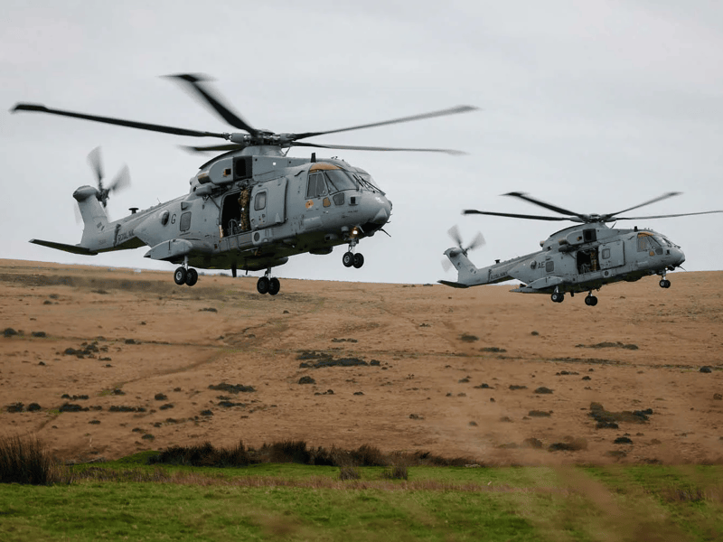 Merlin Mk4 helicopters from 846 Naval Air Squadron arrive at the camp in Devon ahead of the gruelling exercise.