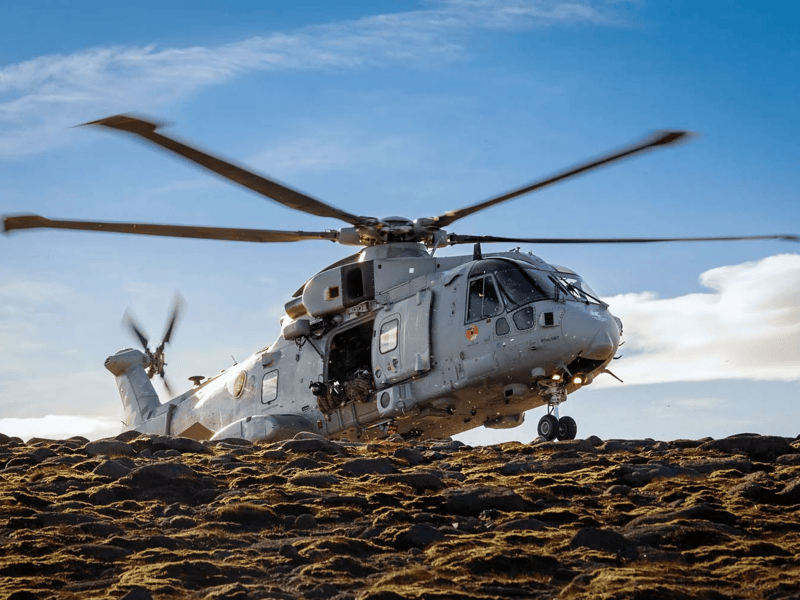 A Merlin Mk4 helicopter from 846 NAS during a mountain flying training sortie.
