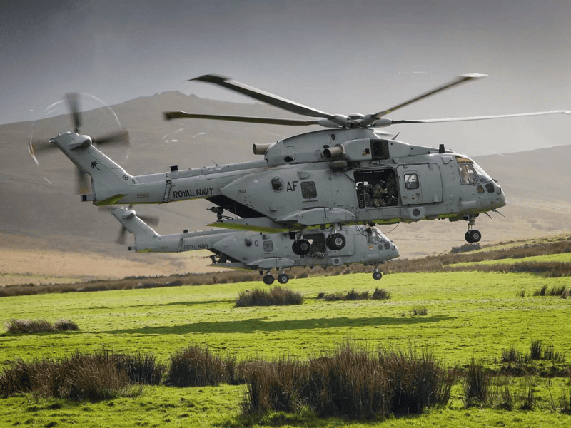 A Merlin Mk4 helicopter from 846 NAS at the Oekhampton Battle Camp in Devon.