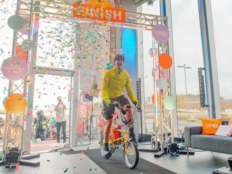 Paddy completes his challenge at the BBC's Pacific Quay.