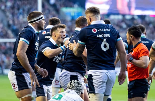 Scotland players celebrate Will Hurd's first try of the match in the win over Portugal. (Photo by Paul Devlin / SNS Group)