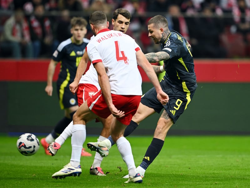 Enjoyed a physical battle with Poland's defenders. Lashed a shot wide in the first half. Denied what would have been an excellent headed goal by a flying Lukasz Skorupski save on 65 minutes. Replaced by Lawrence Shankland a moment later. Decent shift. 6