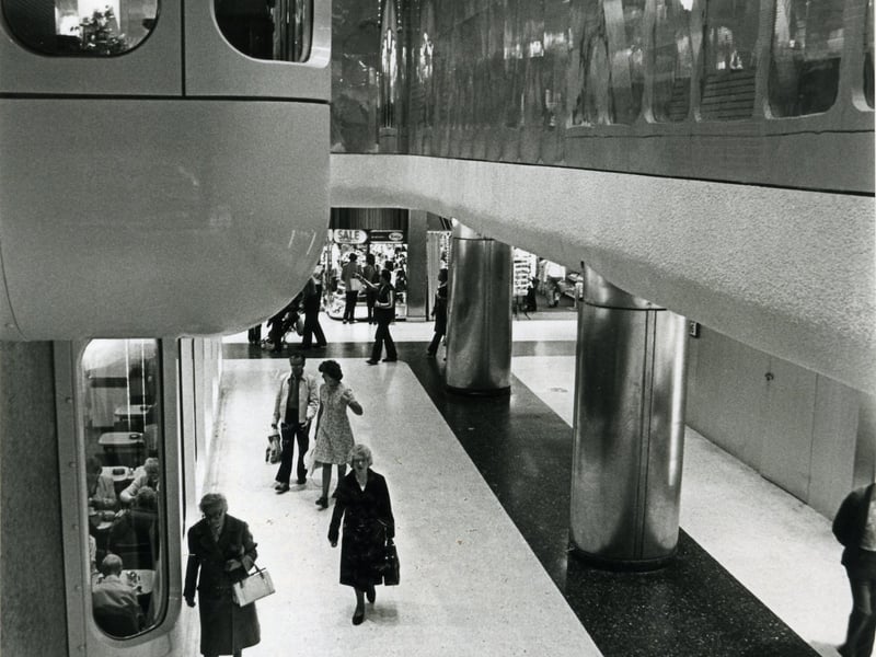 Hounds Hill Centre shortly before the official opening in 1980 showing Alan Boyson 's stainless steel frieze