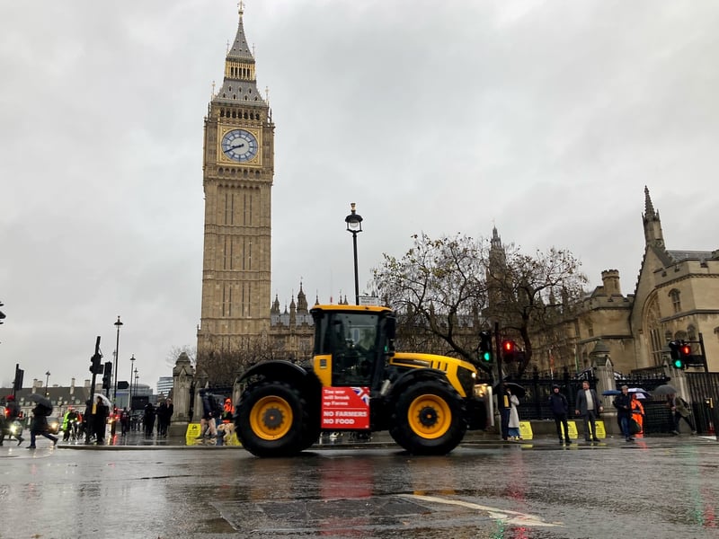 A farmer using Big Ben as a dramatic backdrop to demonstrations in London being staged on Tuesday. Picture: PA