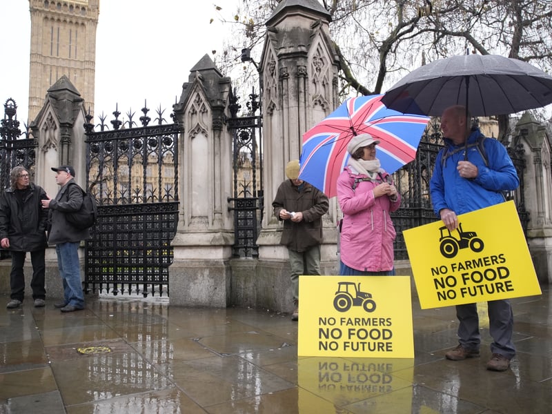Farmers gather to protest in central London. Those on foot bear placards reading "No farmers, no food, no future". Picture: PA