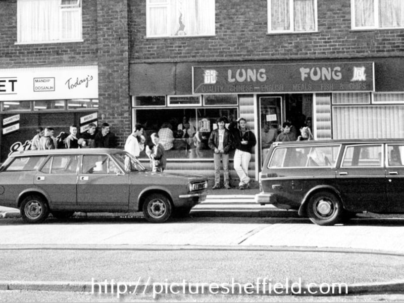 Pupils of Yewlands School taking their lunch break outside Lung Fung Chinese Takeaway on Chaucer Road in the late 80s. Dinner time at the shops was popular among youngsters in those days. Photo: Picture Sheffield