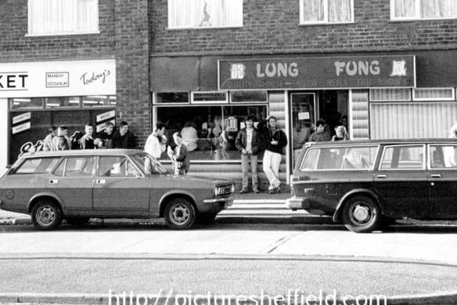 Pupils of Yewlands School taking their lunch break outside Lung Fung Chinese Takeaway on Chaucer Road in the late 80s. Dinner time at the shops was popular among youngsters in those days. Photo: Picture Sheffield