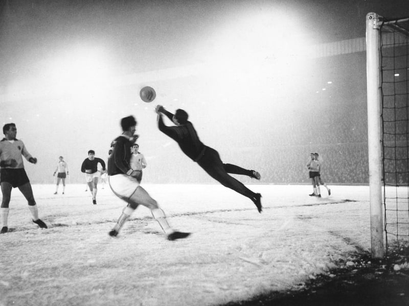 Match action from Leeds United's Inter Cities Fairs Cup second round second leg clash against SC Leipzig at Elland Road in December 1965. The game finished goalless.