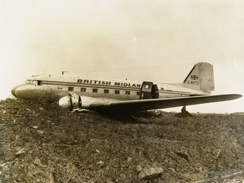 A British Midland Douglas DC3 came off the runway at Leeds Bradford Airport in February 1965.