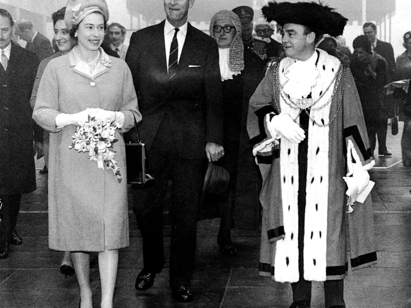 The Queen and Prince Philip with the then Lord Mayor of Leeds Alderman W. R. Hargrave at Seacroft Civic Centre in October 1965.