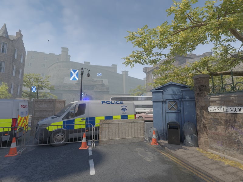 The castle itself is blocked by police vans with Saltire flags hanging from lampposts. 