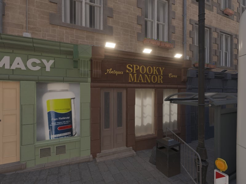 Another shopfront is titled "Spooky Manor"