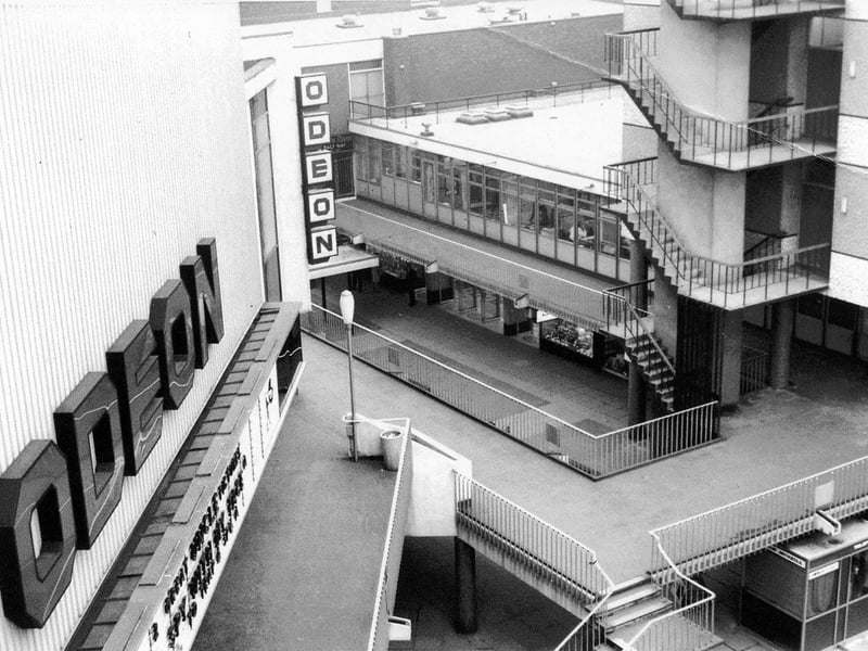 A view from the upper level of the balcony showing the Odeon cinema in the Merrion Centre when it was newly built.