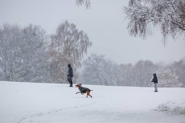 People out walking during heavy snowfall at Bannockburn, near Stirling
