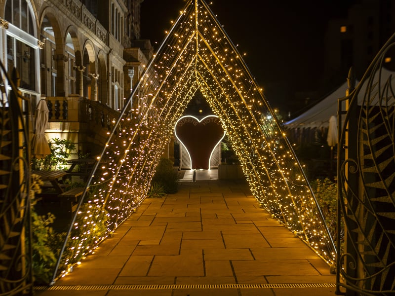 Sparkling lights leading to the winter lodge