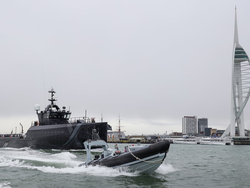 An un-crewed Pacific 24 rigid inflatable boat was remotely controlled from Royal Navy experimentation ship XV Patrick Blackett while the pair sailed off the coast of Portsmouth.