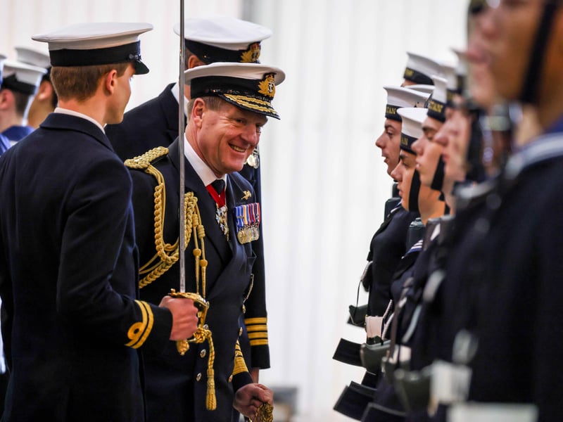 First Sea Lord, Admiral Sir Ben Key inspecting the Guard of Honour at HMS Sultan.