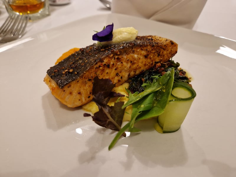 Crispy skin, pan-fried salmon with sautéed spinach and steamed kale was served with a flourish. Accomplished cooking at its best!