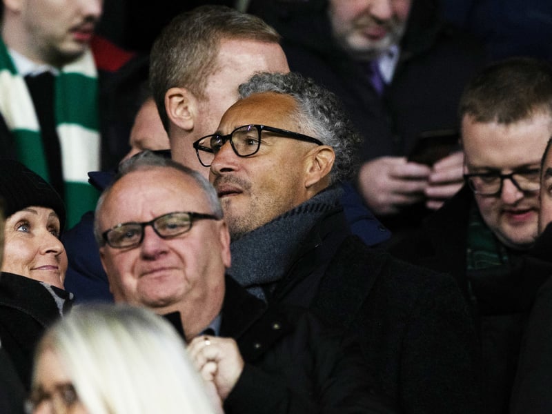 Celtic legend Henrik Larsson takes in the game against Club Brugge.